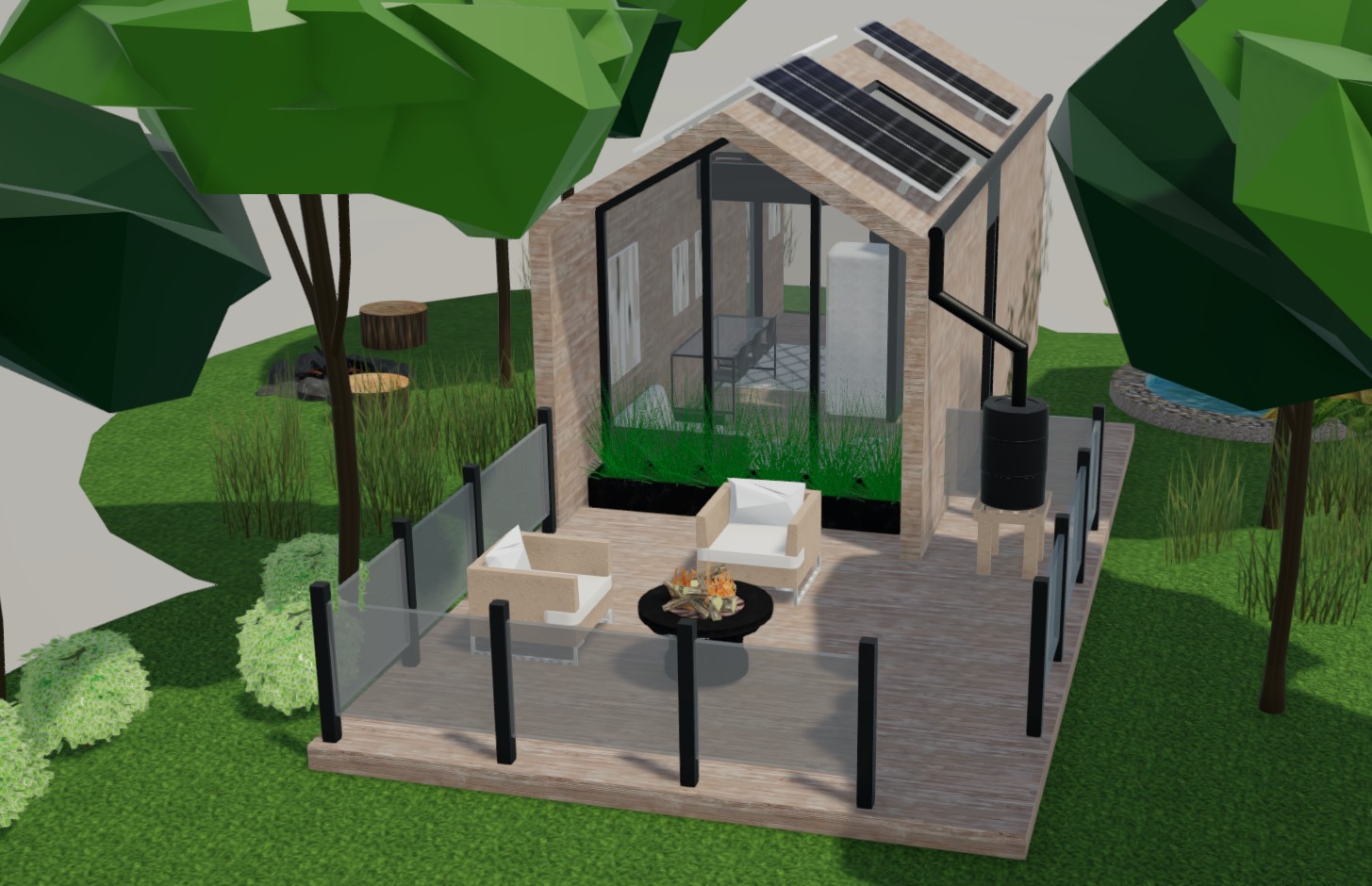 Garden design with modern glass greenhouse 3D visualization